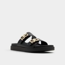 Aldo Alessie Leather Flat Slides - Elegant Chain-Buckle Sandals -The Aldo Shop product 13773249 alessie black 001 001 043 alt3 sq gy