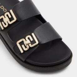 Aldo Alessie Leather Flat Slides - Elegant Chain-Buckle Sandals -The Aldo Shop product 13773249 alessie black 001 001 043 alt4 sq gy