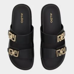 Aldo Alessie Leather Flat Slides - Elegant Chain-Buckle Sandals -The Aldo Shop product 13773249 alessie black 001 001 043 alt5 sq gy