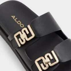 Aldo Alessie Leather Flat Slides - Elegant Chain-Buckle Sandals -The Aldo Shop product 13773249 alessie black 001 001 043 detail sq gy