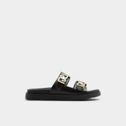 Aldo Alessie Leather Flat Slides - Elegant Chain-Buckle Sandals