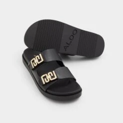 Aldo Alessie Leather Flat Slides - Elegant Chain-Buckle Sandals -The Aldo Shop product 13773249 alessie black 001 001 043 spotlight sq gy