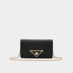Aldo Brimortonnx Black Leather Envelope Clutch with Gold Twist-Lock