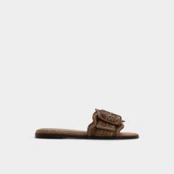 Aldo Wavysally Women's Brown Raffia Slide Sandals with Bold Buckle
