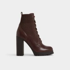 Aldo Rebellious Women's Espresso Leather Block Heel Boots with Lug Sole