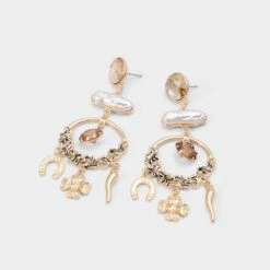 Aldo Chances Golden Chandelier Hoop Earrings with Charms & Pearls