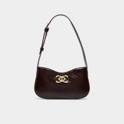 Aldo Charlier Espresso Patent Shoulder Bag with Gold Emblem